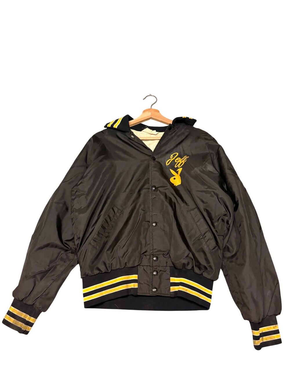Vintage Art-Flo Jacket Mens Medium Black Satin Varsity Playboy Dice Graphic